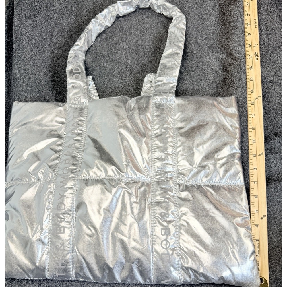 Bath & Body Works Silver Metallic Puffy Tote Bag Large Shopper Shoulder NEW - Picture 5 of 7